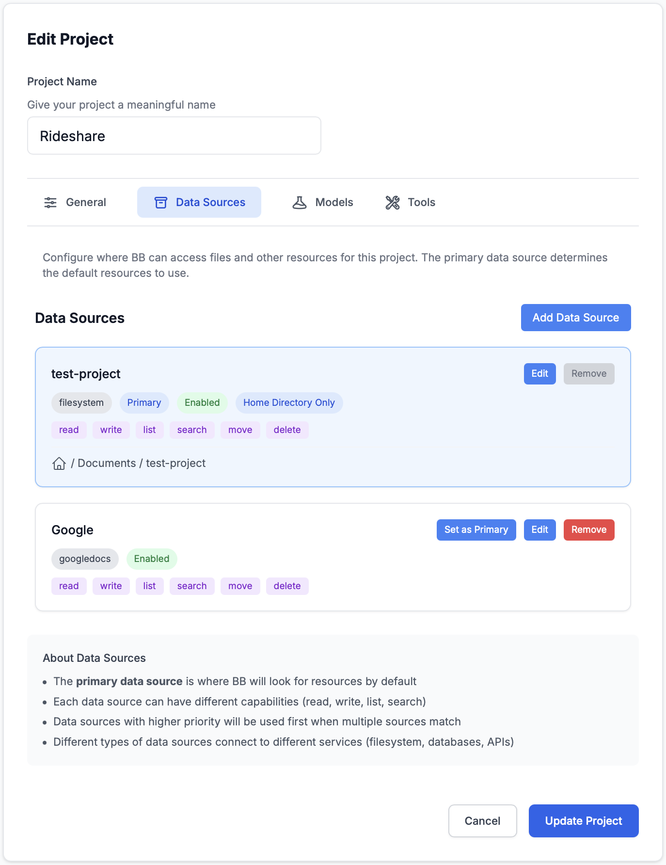 Data Sources list showing configured filesystem, Notion, and Google Docs datasources with their status and capabilities
