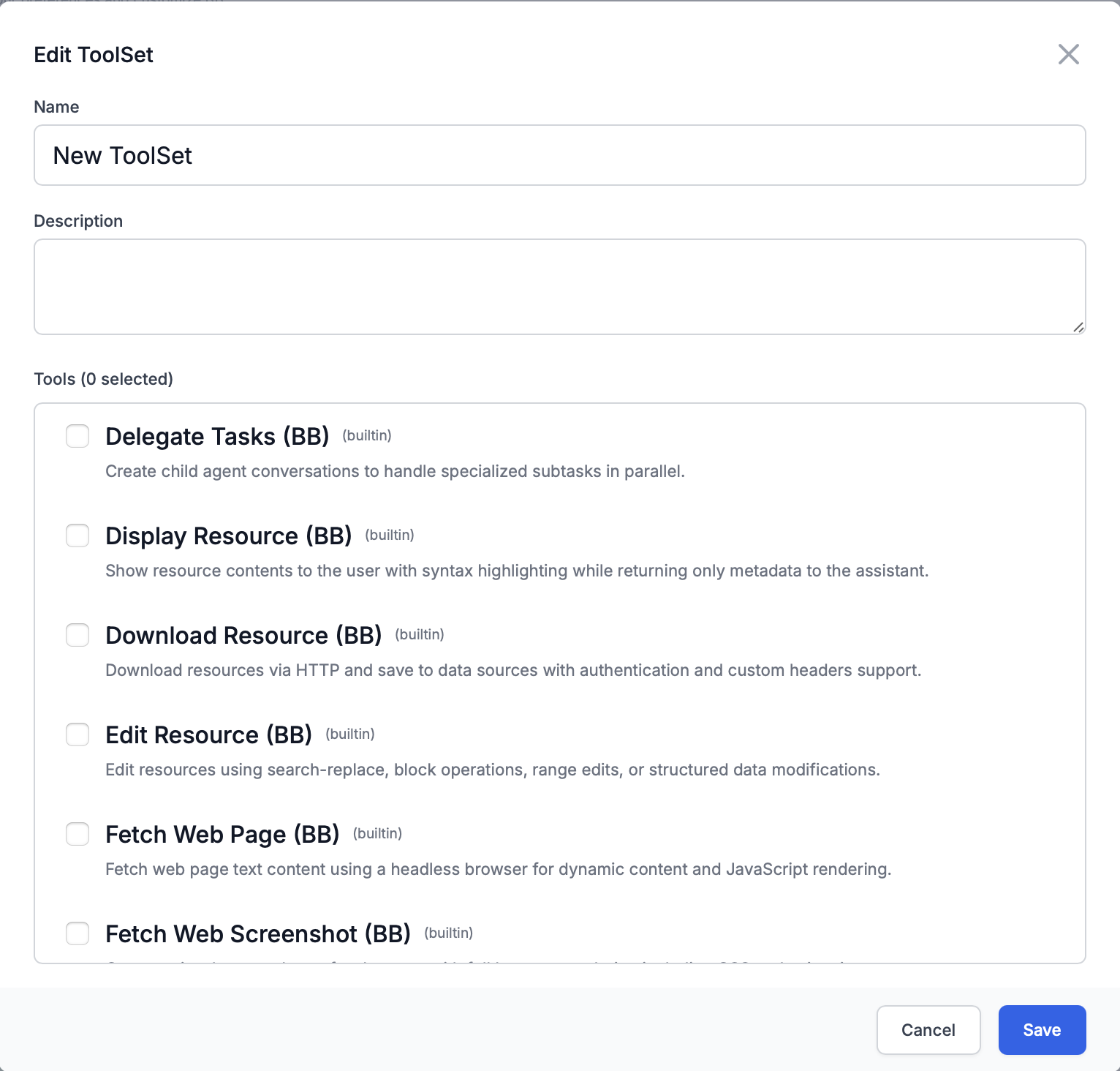 Create custom tool set dialog showing fields for name, description, and tool selection from builtin tools, BB plugins, and MCP servers